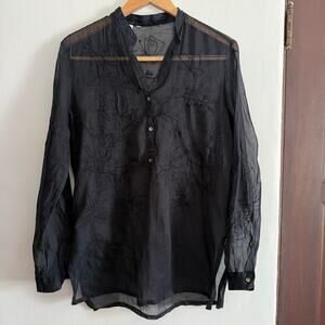 90s Vintage Black Sheer Silk Cotton Floral Butterfly Embroidery Popover | Medium